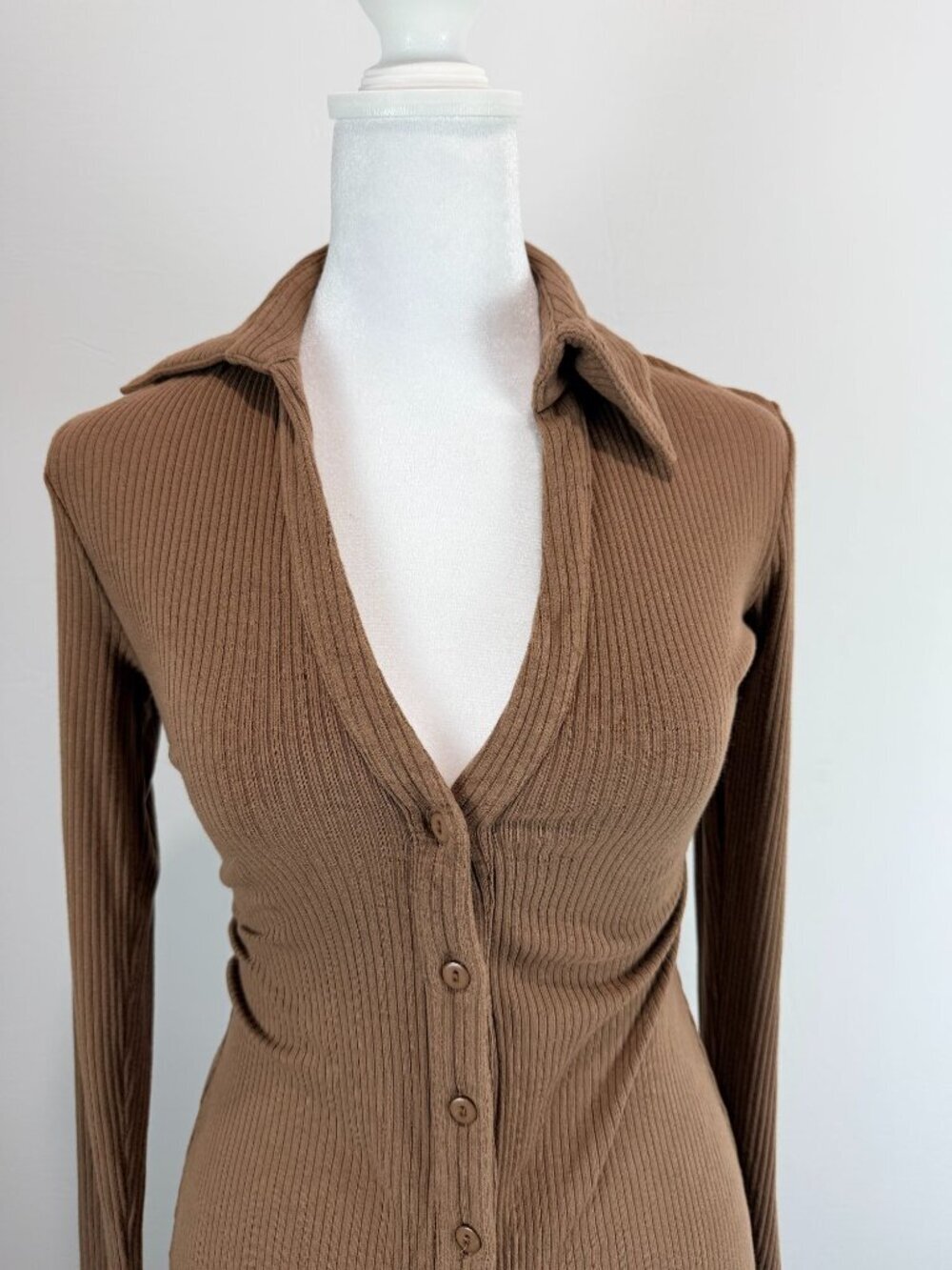 Lucca Brown Ribbed Long Sleeve Button-Down Midi Dress With Collared Neckline S - Picture 13 of 14